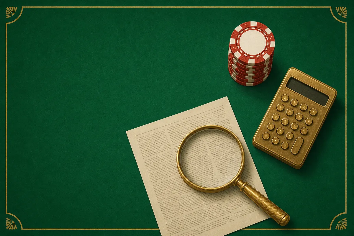Fichas de casino, una calculadora de latón y una lupa sobre las condiciones de un bono