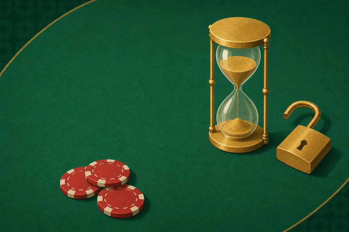 Un reloj de arena dorado y un candado junto a unas fichas apartadas sobre un tapete verde